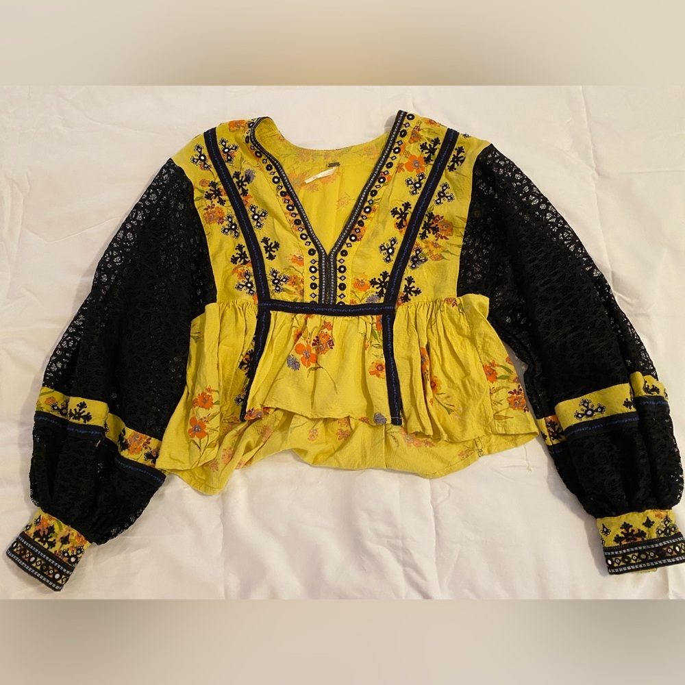 Free People Yellow Floral Blouse with Black Lace - Picture 11 of 11
